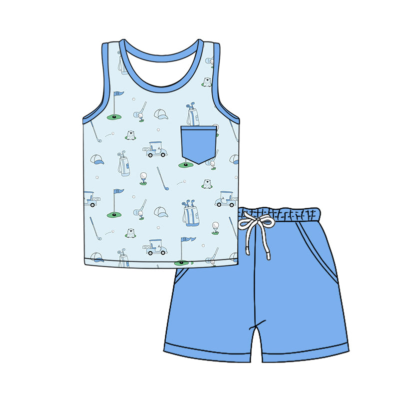 Preorder moq 5 Baby Boys Blue Sleeveless Golf Pocket Top Short Set