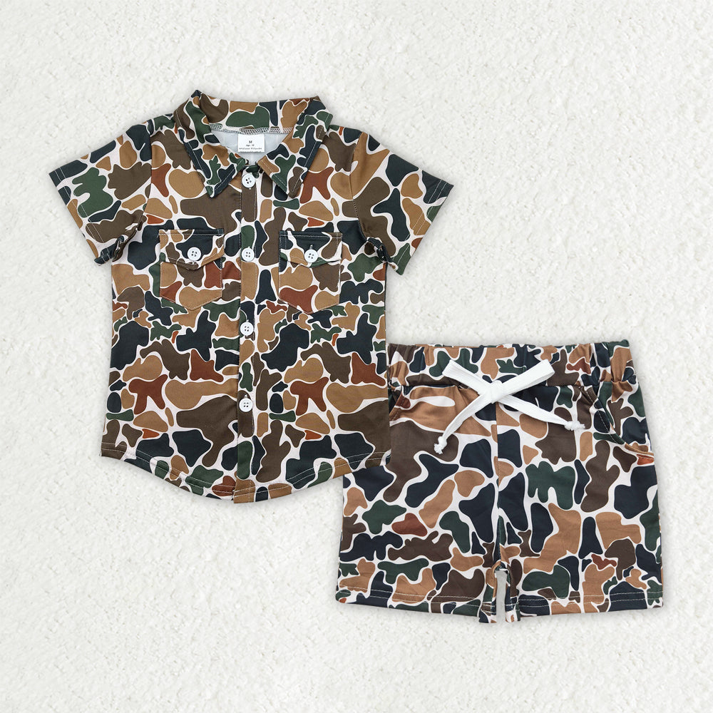 Baby Boys Southern Dark Brown Camo Button Pockets Shirts Shorts Clothes Sets