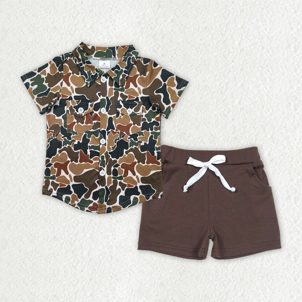 Baby Boys Brown Camouflage Button Pockets Shirts Top Cotton Shorts Sets