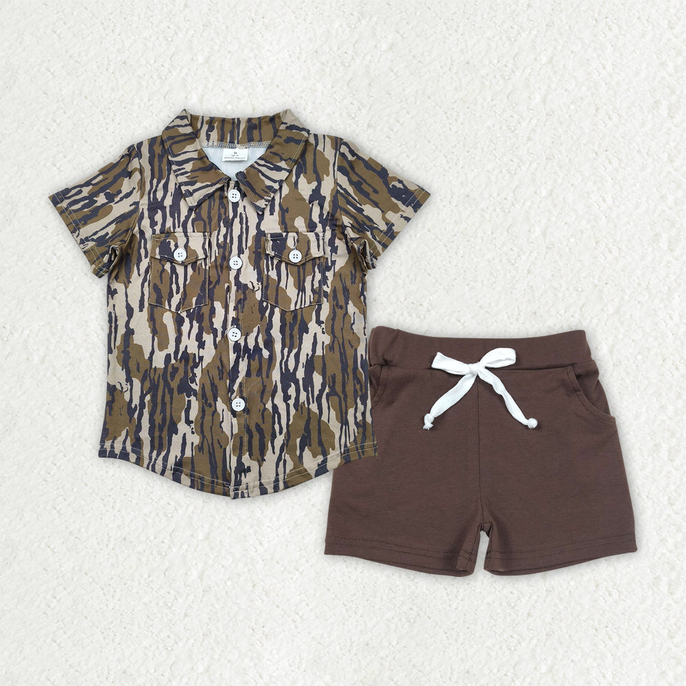 Baby Boys Camo Button Pockets Shirts Top Brown Cotton Shorts Sets