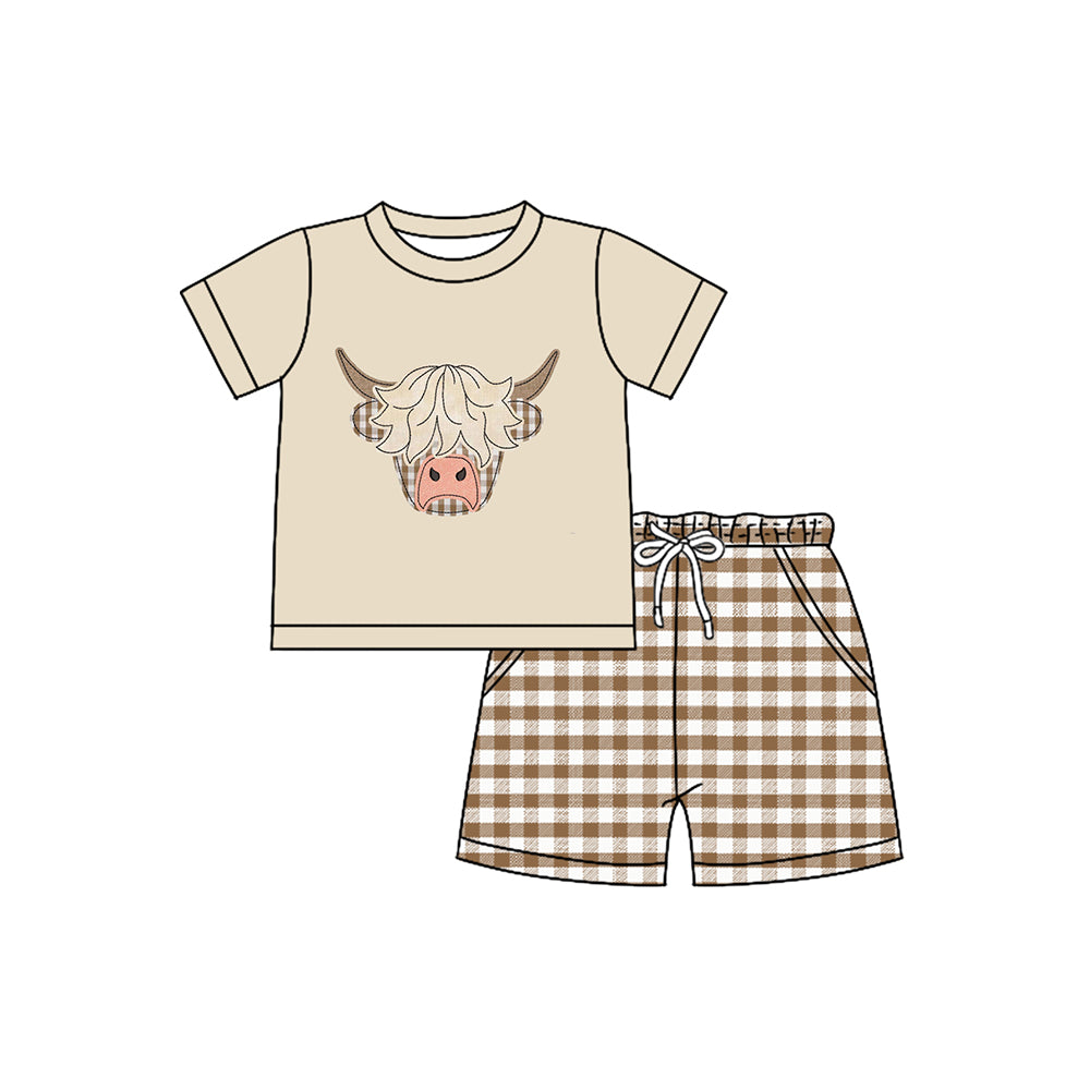 Preorder moq 5 Baby Girls Khaki Short Sleeves Highland Cows Top Pockets Plaid Short Set