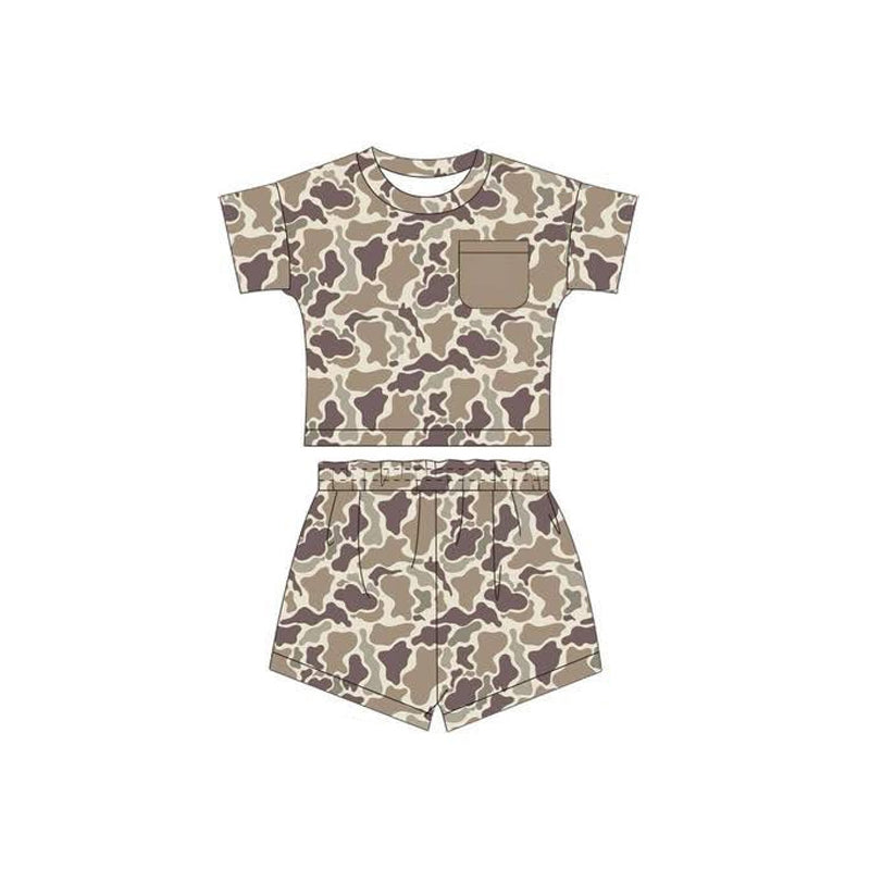 Preorder moq 5 Baby Boys Short Sleeves Khaki Camo Pocket Top Short Western Pajamas Set