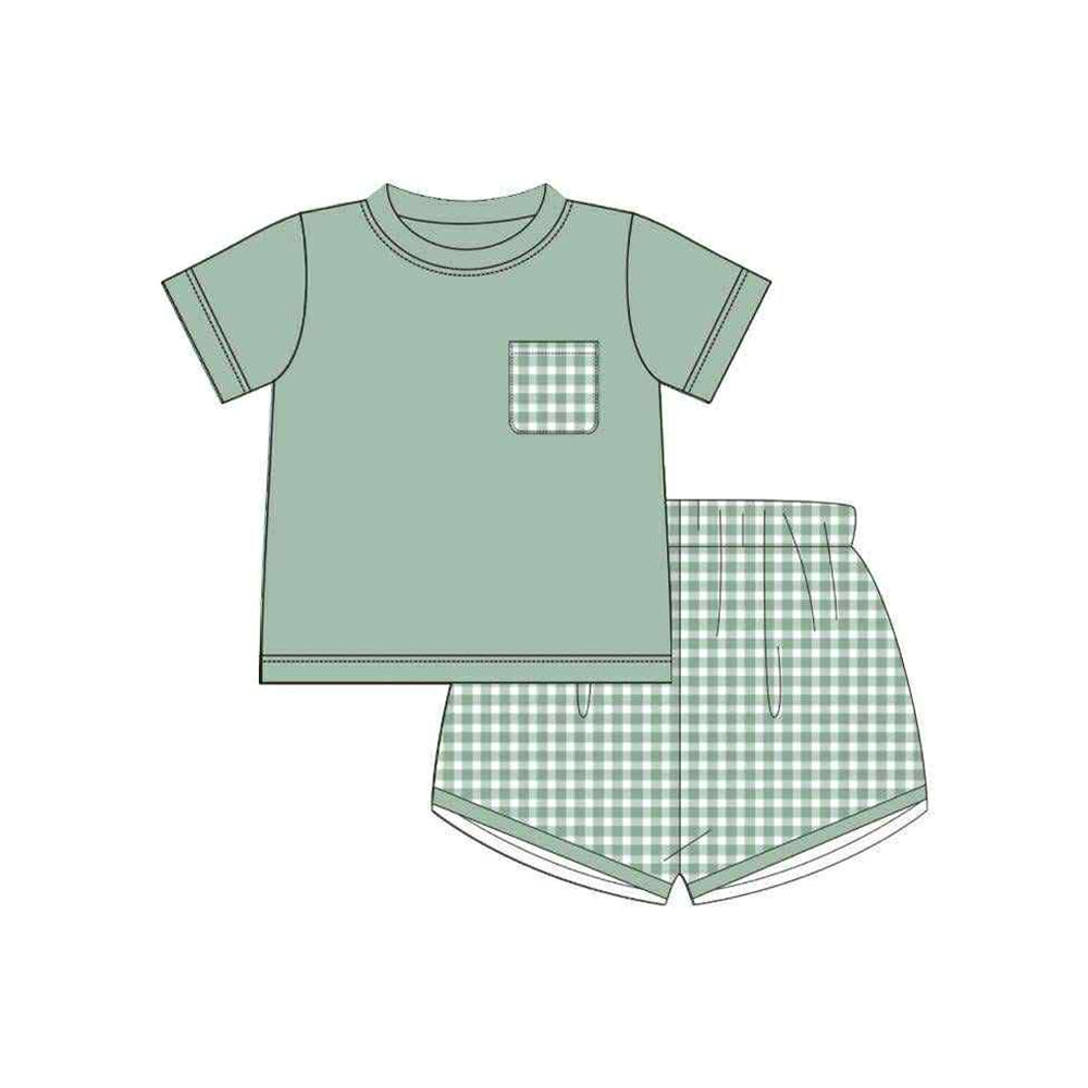 Baby Boys Green Short Sleeves Pocket Top Plaid Short Set Preorder