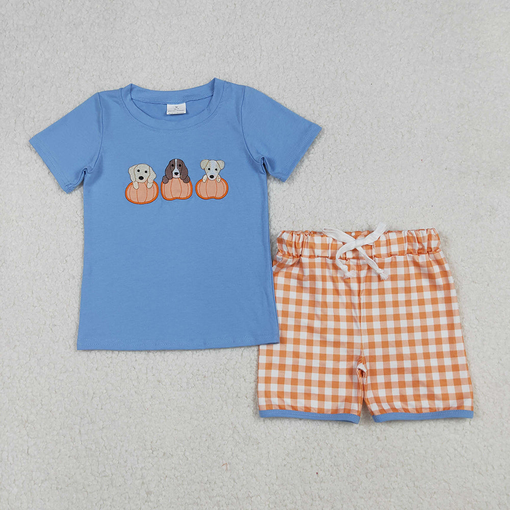 Embroidery Dogs Pumpkins Baby Boys Top Shorts Fall Clothes Sets