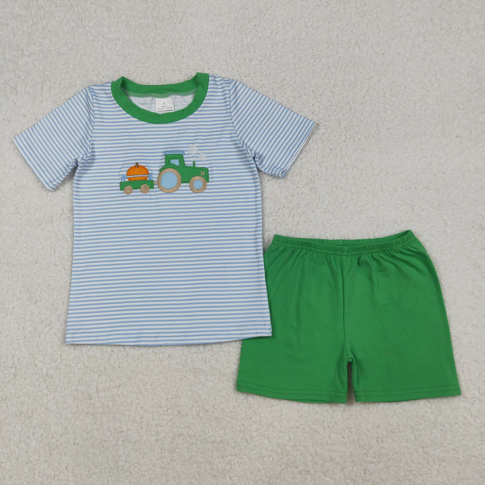 Embroidery Baby Boys Blue Stripe Truck Pumpkin Top Shorts Fall Clothes Sets