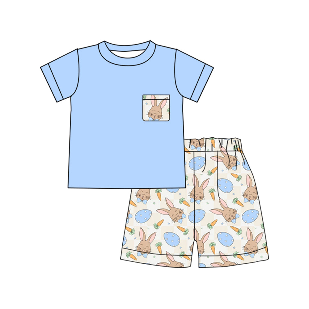 Baby Boys Blue Short Sleeve Pocket Top Rabbits Eggs Shorts Easter Clothes Sets