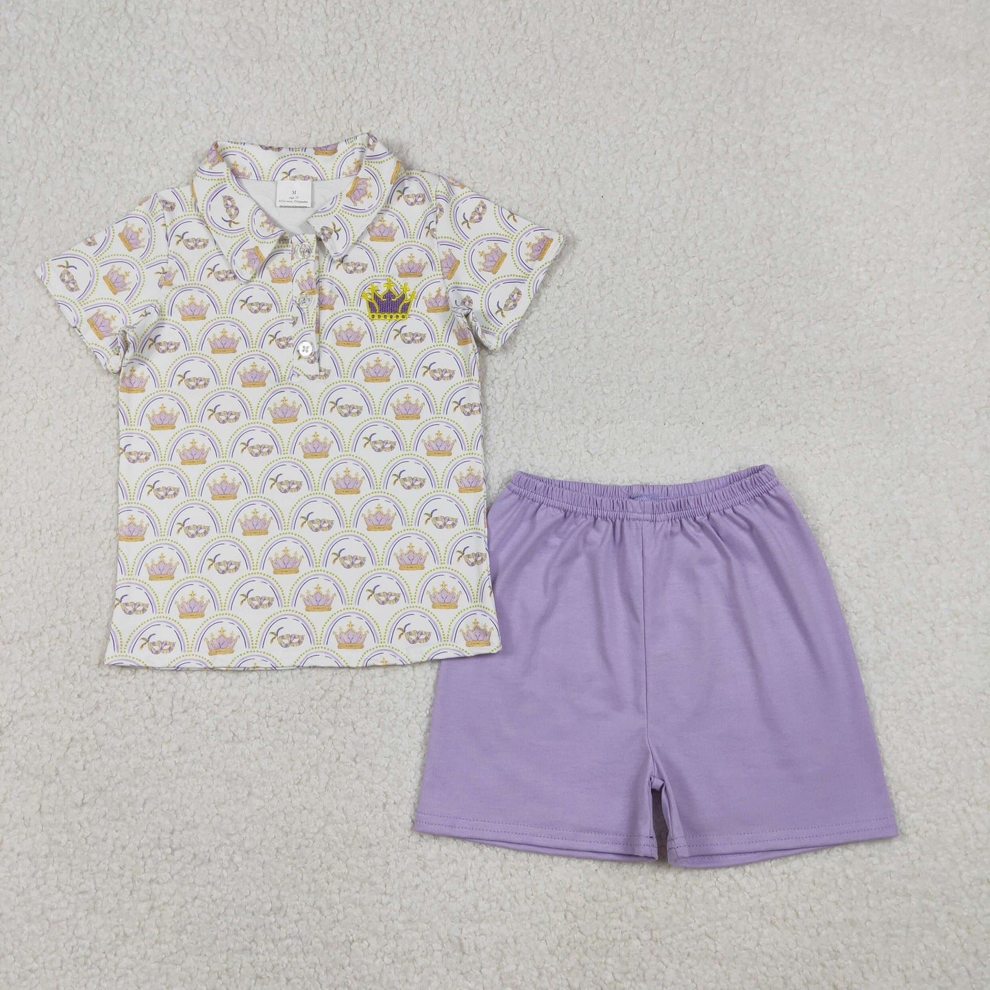 Sibling Baby Boys Girls Mardigras Embroidery Crown Polo Shorts Set Knee Length Dresses