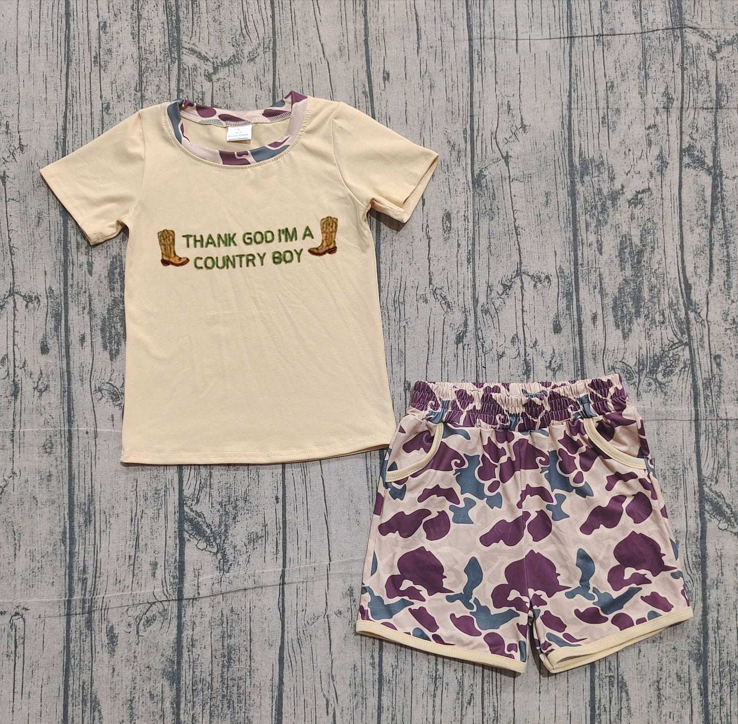 Embroidery Country Boy Boots Top Camo Pockets Shorts Western Clothes Sets Preorder