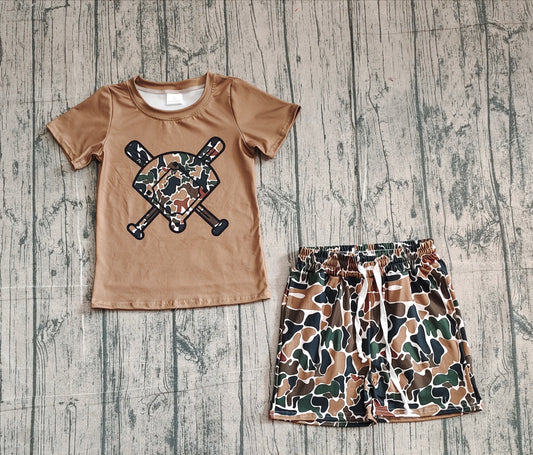 Baby Girls Dark Brown Camo Baseballs Top Pockets Shorts Team Clothes Sets