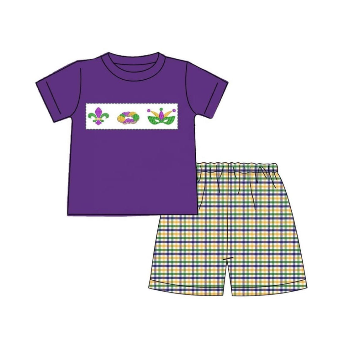 Embroidery Anchor Donuts Baby Boys Mardigras Top Checked Shorts Clothes Sets Preorder