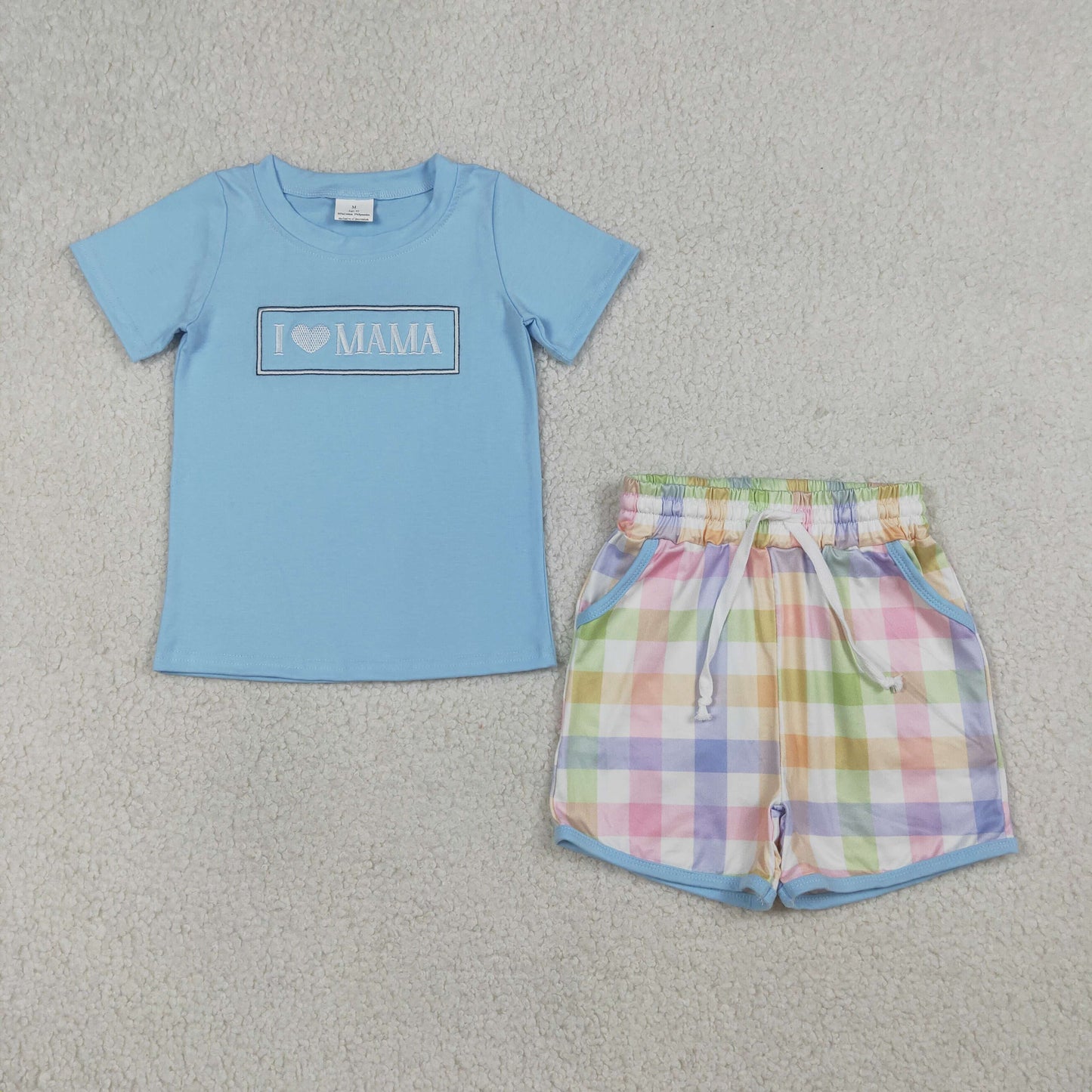 Embroidery I Love Mama Baby Boys Top Checked Pockets Short Clothes Sets
