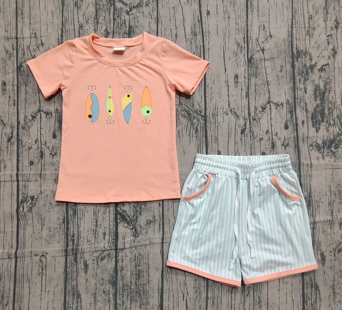 Embroidery Fishing Baby Boys Shirts Stripe Pockets Shorts Hunting Clothes Sets Preorder