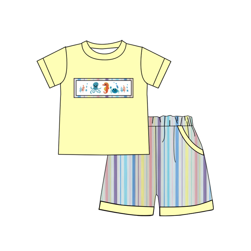 Baby Boys Sea Horse Crabs Top Stripe Pockets Shorts Clothes Sets Preorder