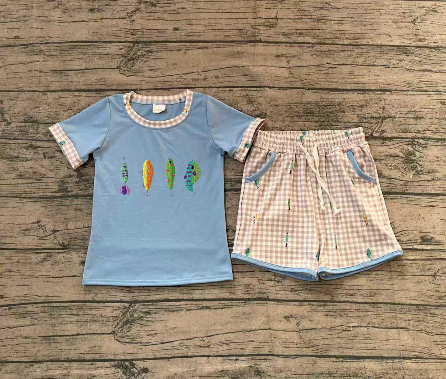 Embroidery Fishing Baby Boys Top Checked Pockets Shorts Hunting Clothes Sets Preorder