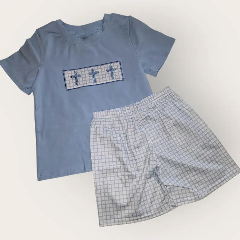 Baby Boys Blue Crosses Top Checked Shorts Easter Clothes Sets Preorder