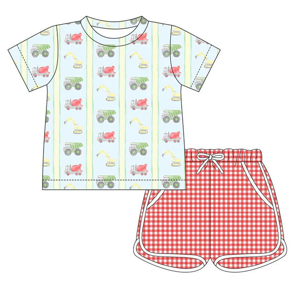 Baby Boys Excavators Stripe Top Red Checked Pockets Shorts Clothes Sets Preorder