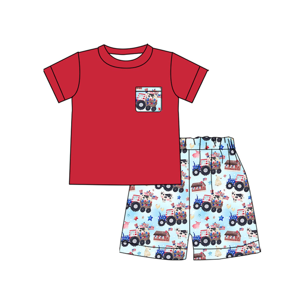 Baby Boys Blue Red Trucks Stars Cows Pocket Top Shorts Farm July 4th Clothes Sets Preorder