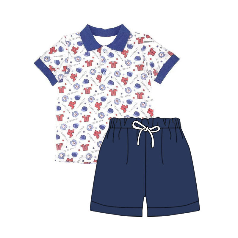 Baby Boys Short Sleeve Baseballs Button Top Short Team Clothes Sets Preorder