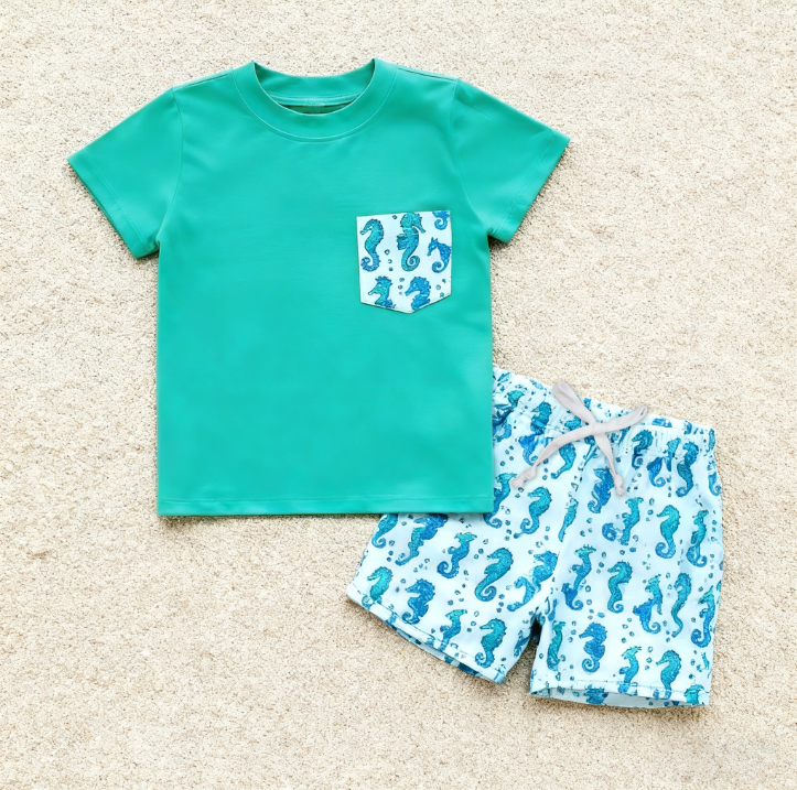 Baby Boys Green Pocket Top Sea Horses Shorts Clothes Sets Preorder