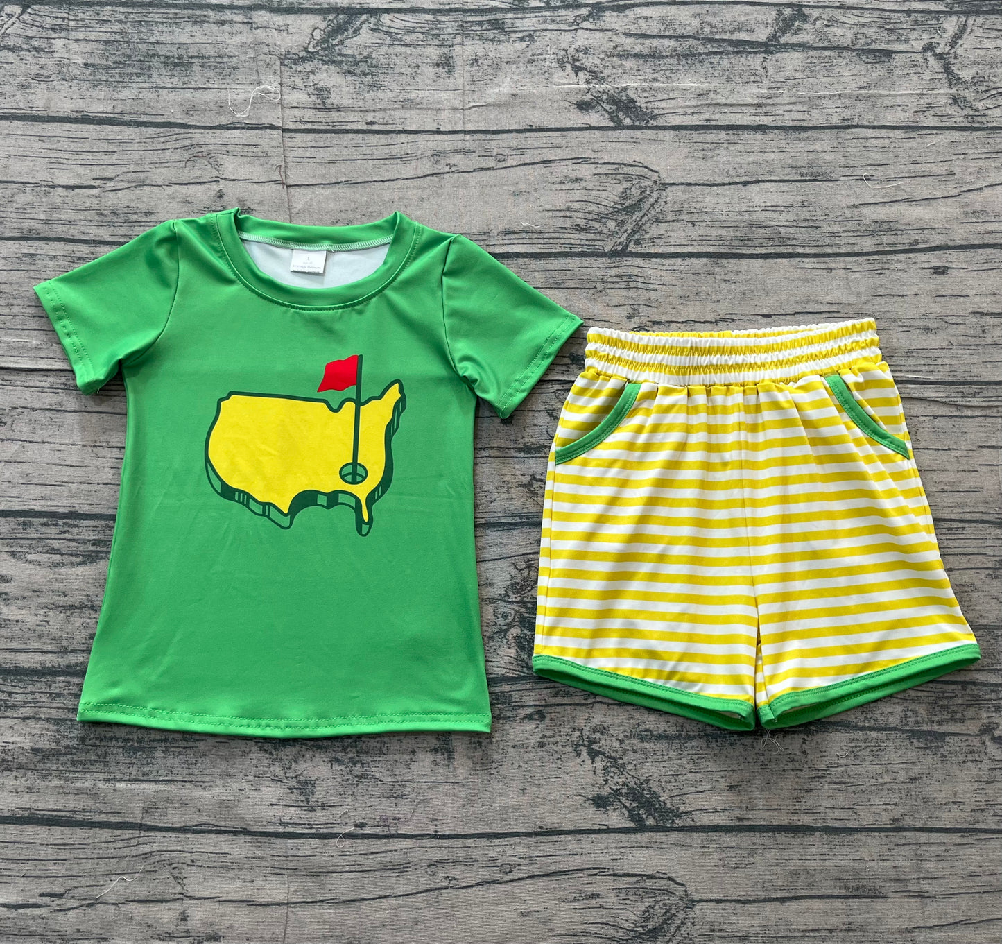 Baby Boys Green Golf Flags Top Pockets Stripe Shorts Clothes Sets