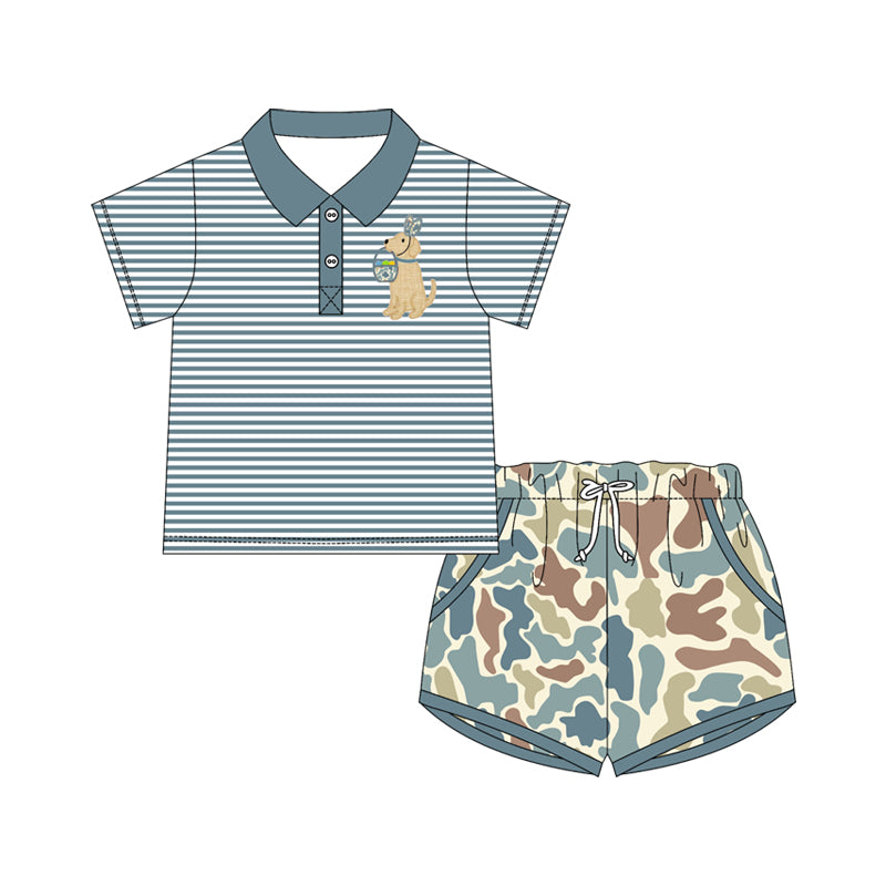Baby Boys Blue Stripe Camo Eggs Dogs Button Top Pockets Shorts Easter Clothes Sets Preorder