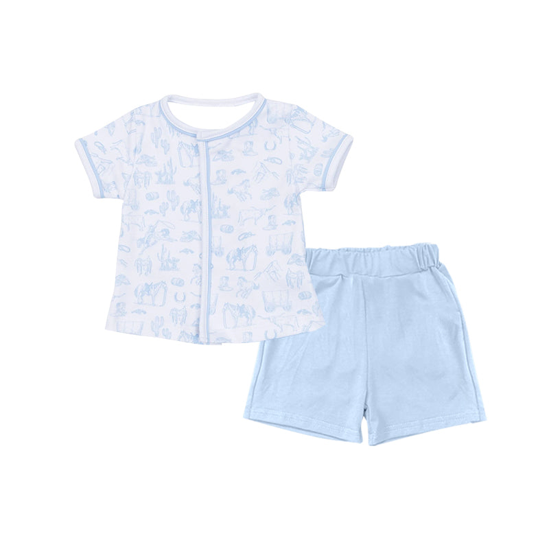 Baby Boys Blue Horse Rodeos Cactus Button Top Shorts Western Clothes Sets Preorder