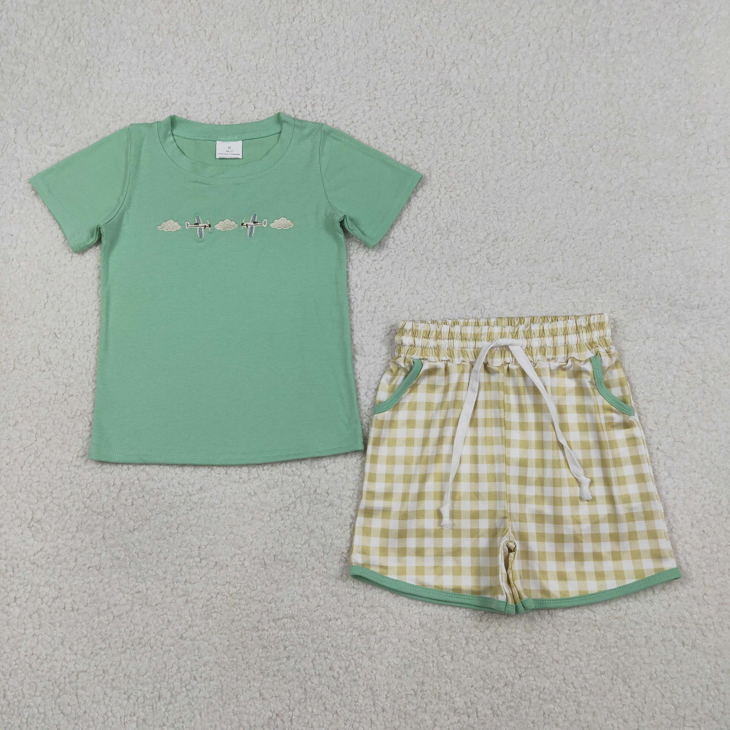 Embroidery Air Planes Baby Boys Top Checked Pockets Clothes Sets
