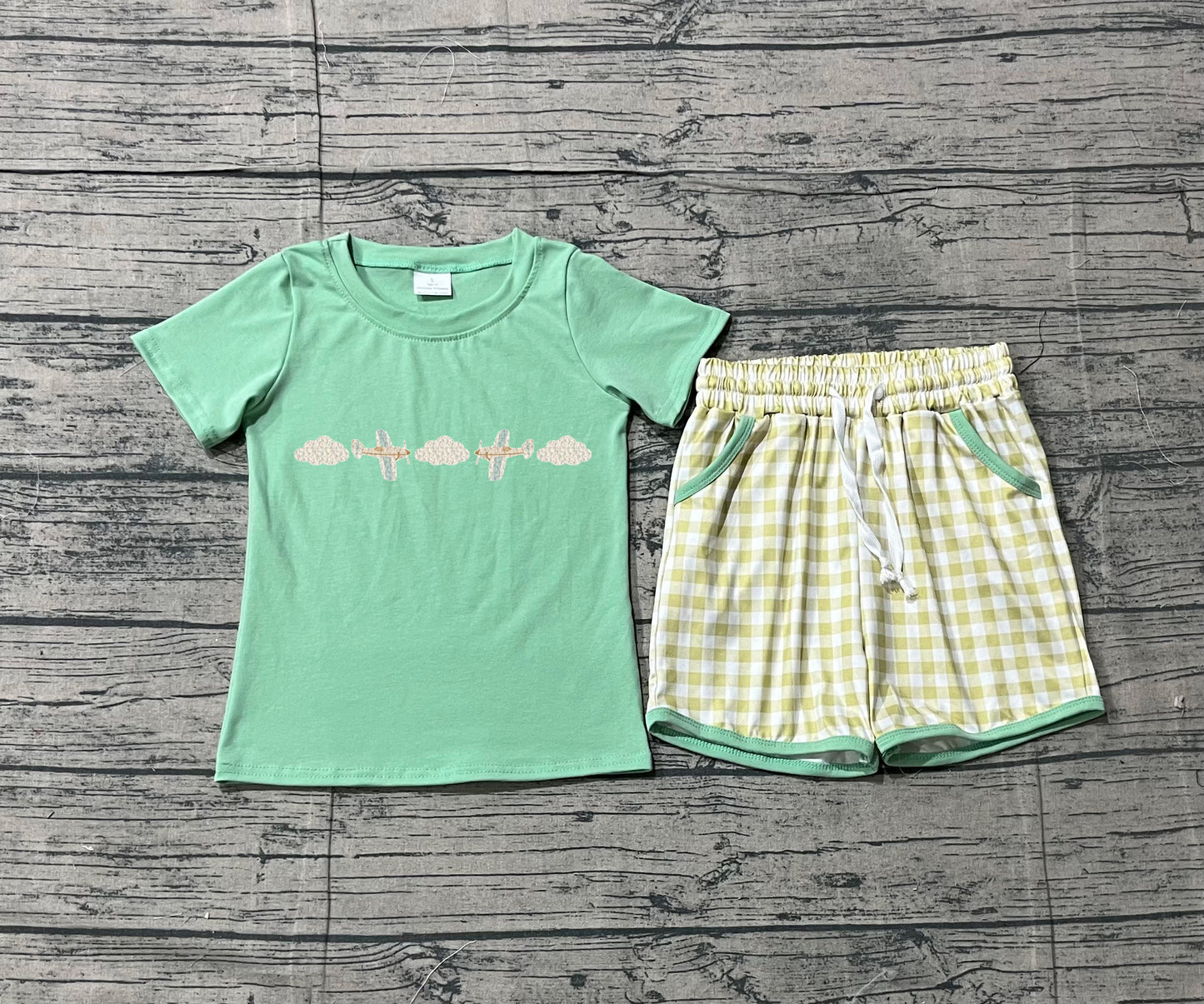 Embroidery Air Planes Baby Boys Top Checked Pockets Clothes Sets Preorder