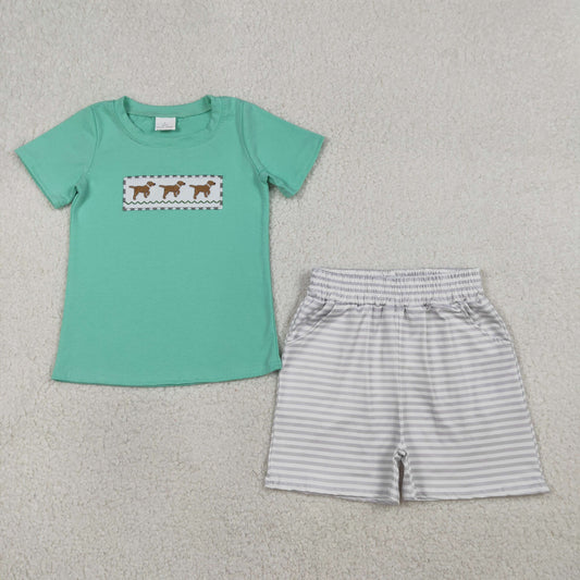 Sibling Baby Boys Embroidery Dogs Top Pockets Stripe Shorts Hunting Clothes Set Rompers