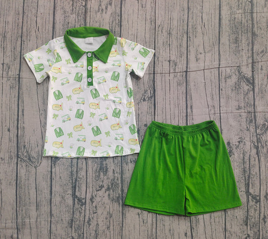 Baby Boys Green Golf Trucks Button Polo Shirts Top Shorts Clothes Sets