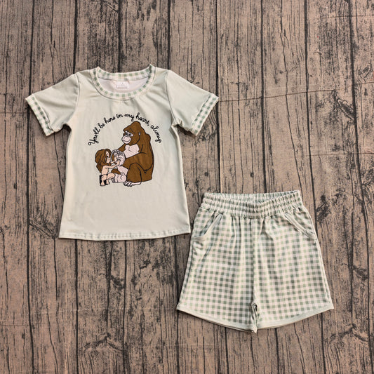 Baby Boys Cartoon Monkeys Top Checked Pockets Shorts Clothes Sets