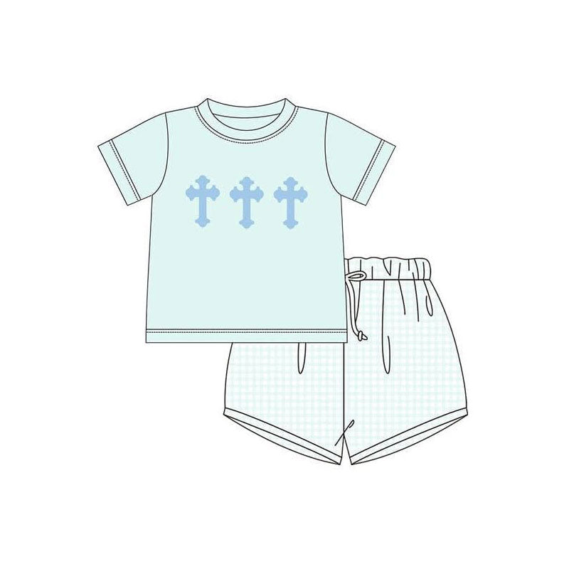 Baby Boys Blue Short Sleeve Crosses Top Checked Shorts Easter Clothes Sets Preorder