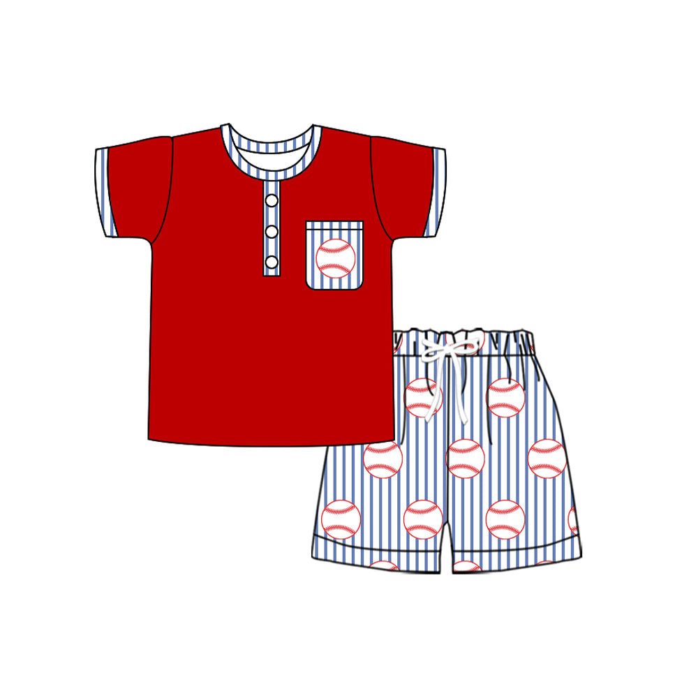 Baby Boys Button Pocket Top Baseballs Stripe Shorts Team Clothes Sets Preorder