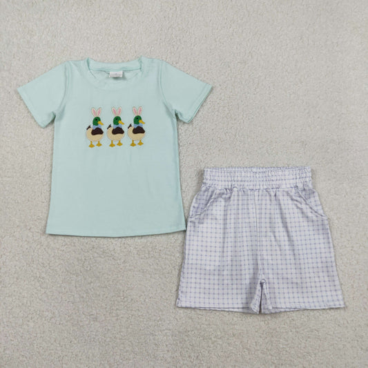Sibling Baby Boys Embroidery Bunny Ducks Top Pockets Short Hunting Clothes Set Rompers