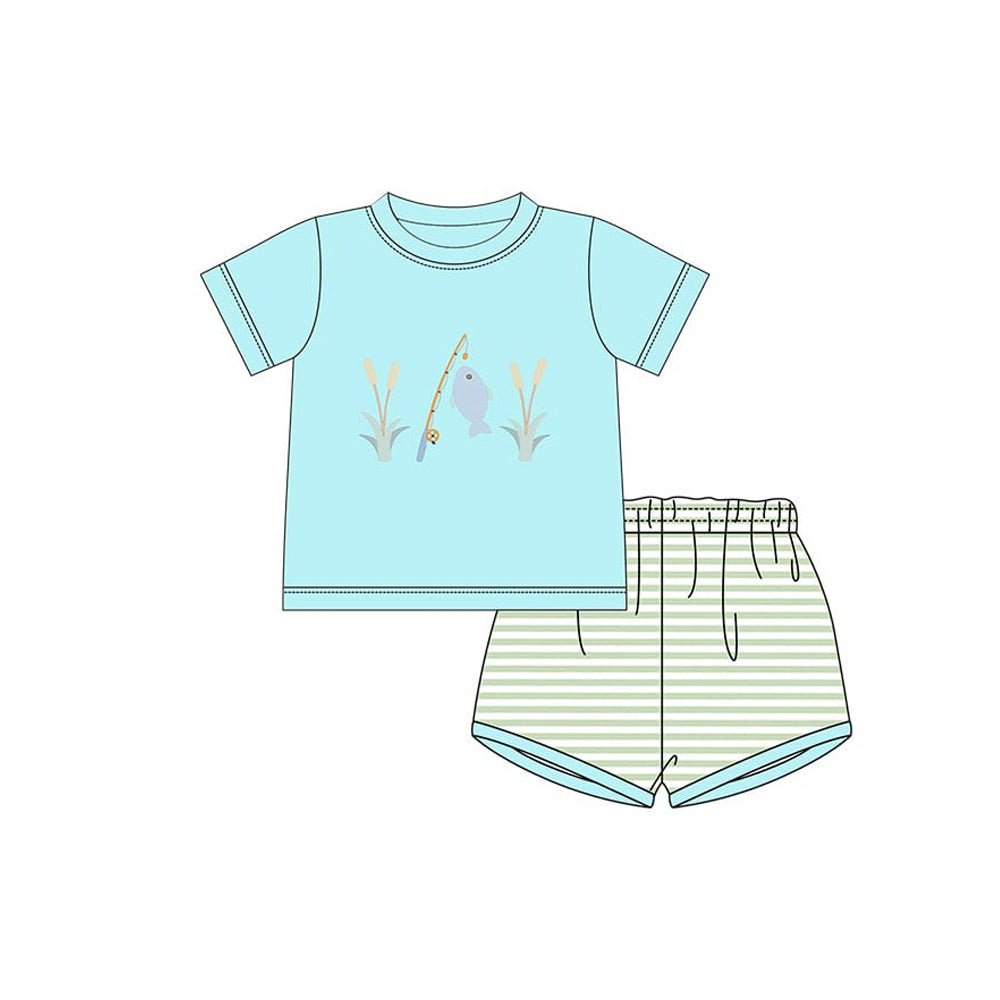 Baby Boys Blue Fishing Top Stripe Shorts Hunting Clothes Sets Preorder
