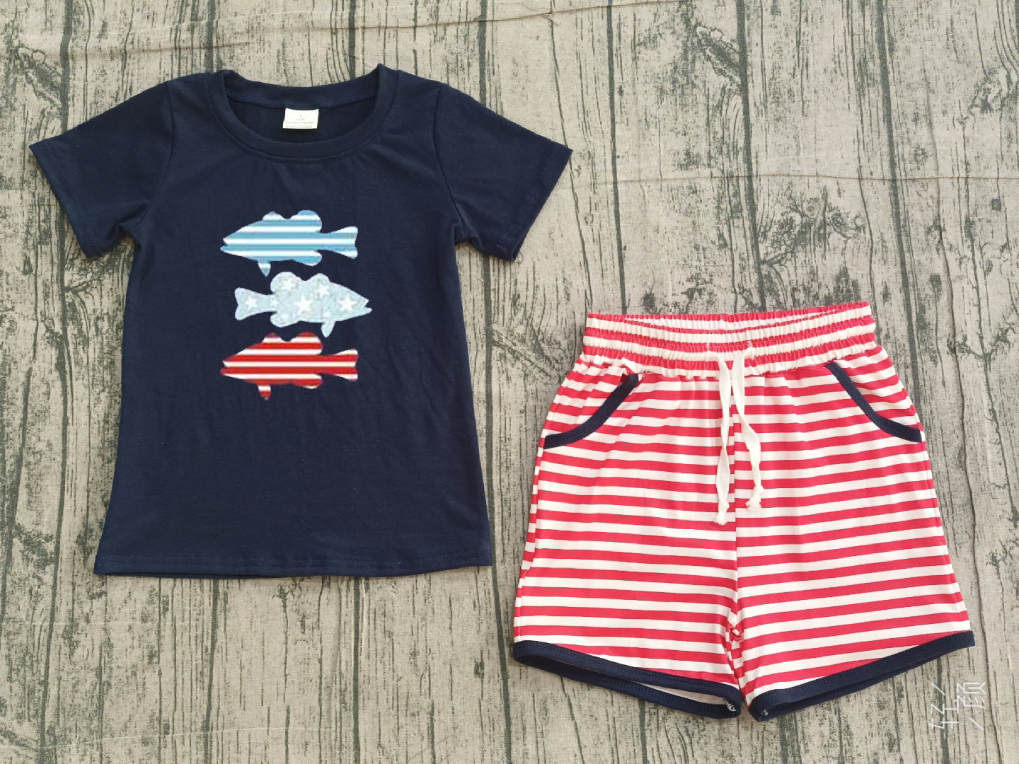 Embroidery Fishes Baby Boys Top Stripe Pockets Shorts 4th of July Clothes Sets Preorder