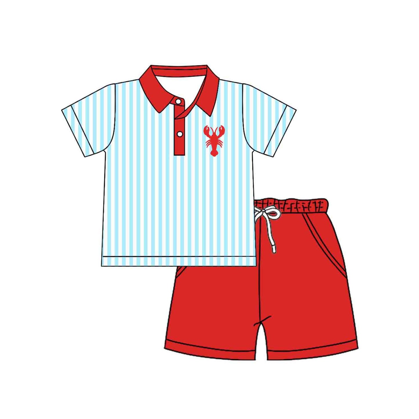 Baby Boys Crayfishes Blue Stripe Button Polo Shirt Pockets Shorts Clothes Set Preorder