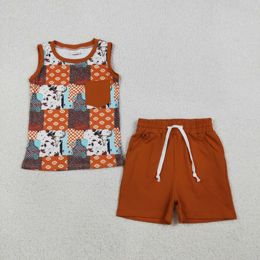 Sibling Baby Boys Sleeveless Aztec Bull Skulls Checked Pockets Shorts Western Set Rompers