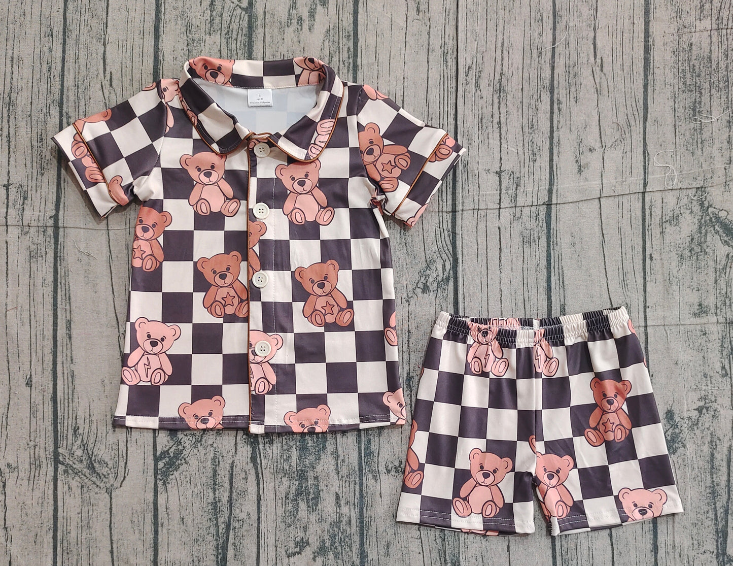 Baby Boys Black Checked Bears Button Top Shorts Pajamas Sets