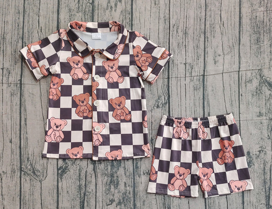 Baby Boys Black Checked Bears Button Top Shorts Pajamas Sets