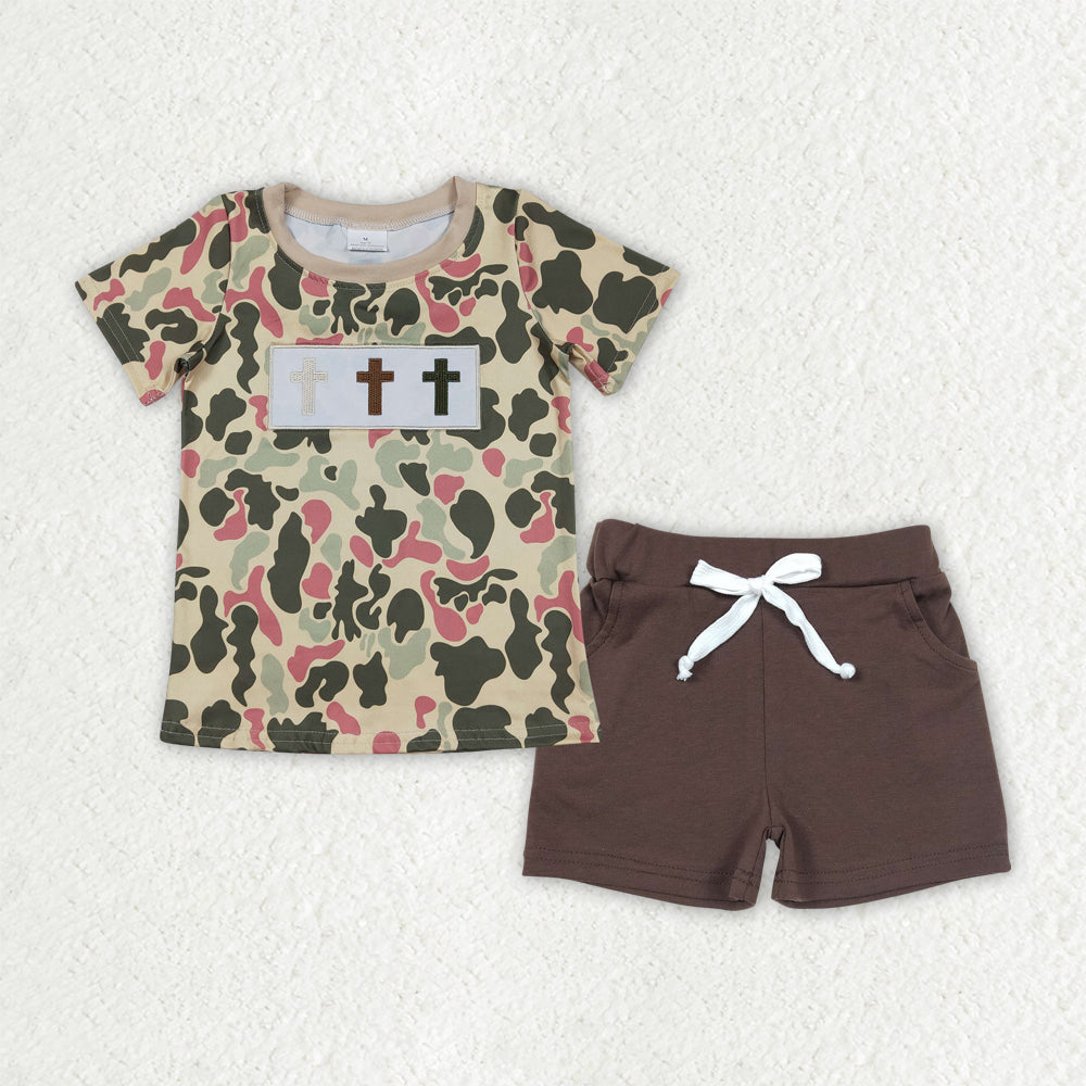 Embroidery Crosses Baby Boys Camo Top Pockets Shorts Easter Clothes Sets