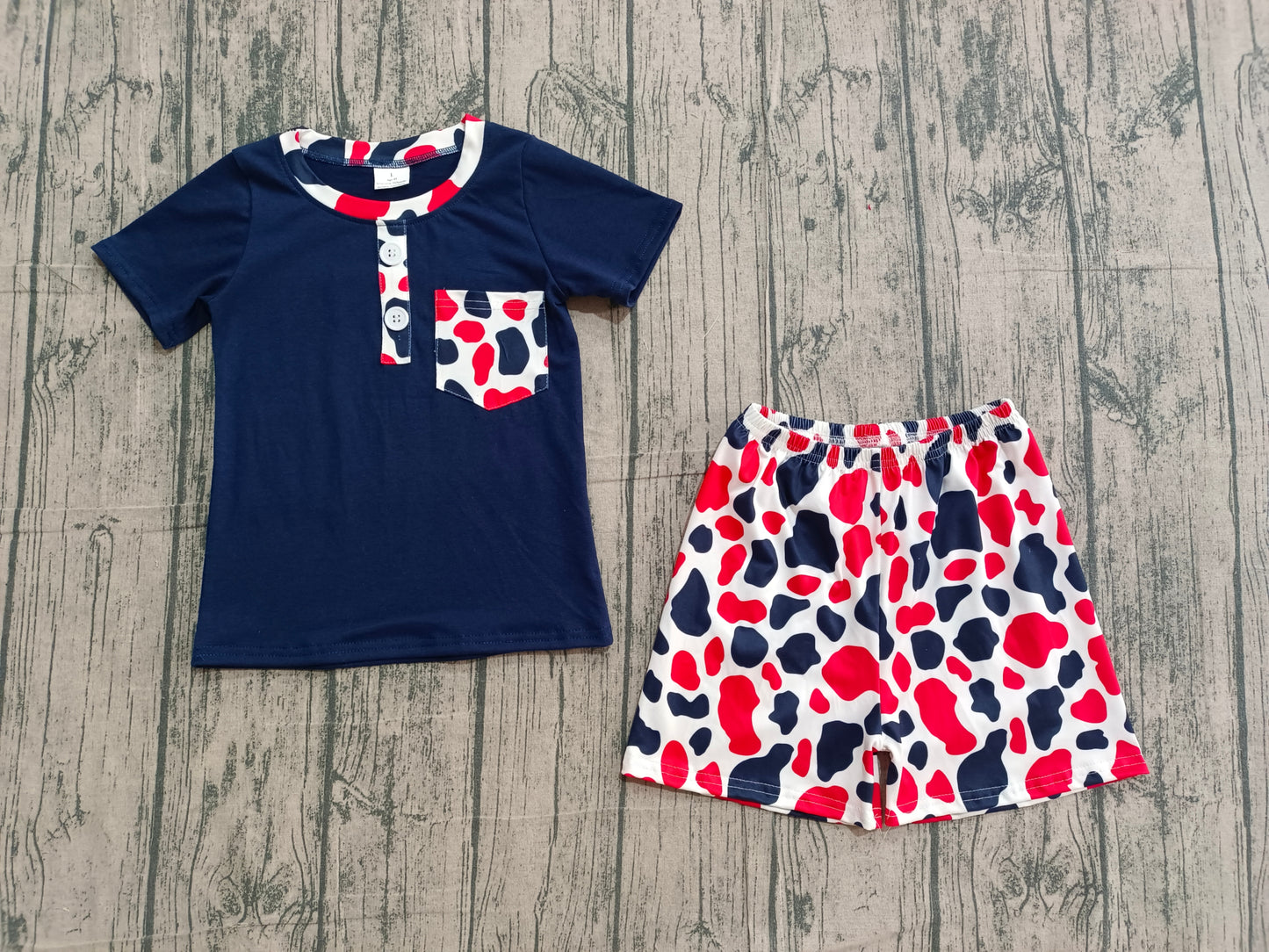 Baby Boys Red Blue Cow Print Pocket Button Top Shorts 4th of July Clothes Sets
