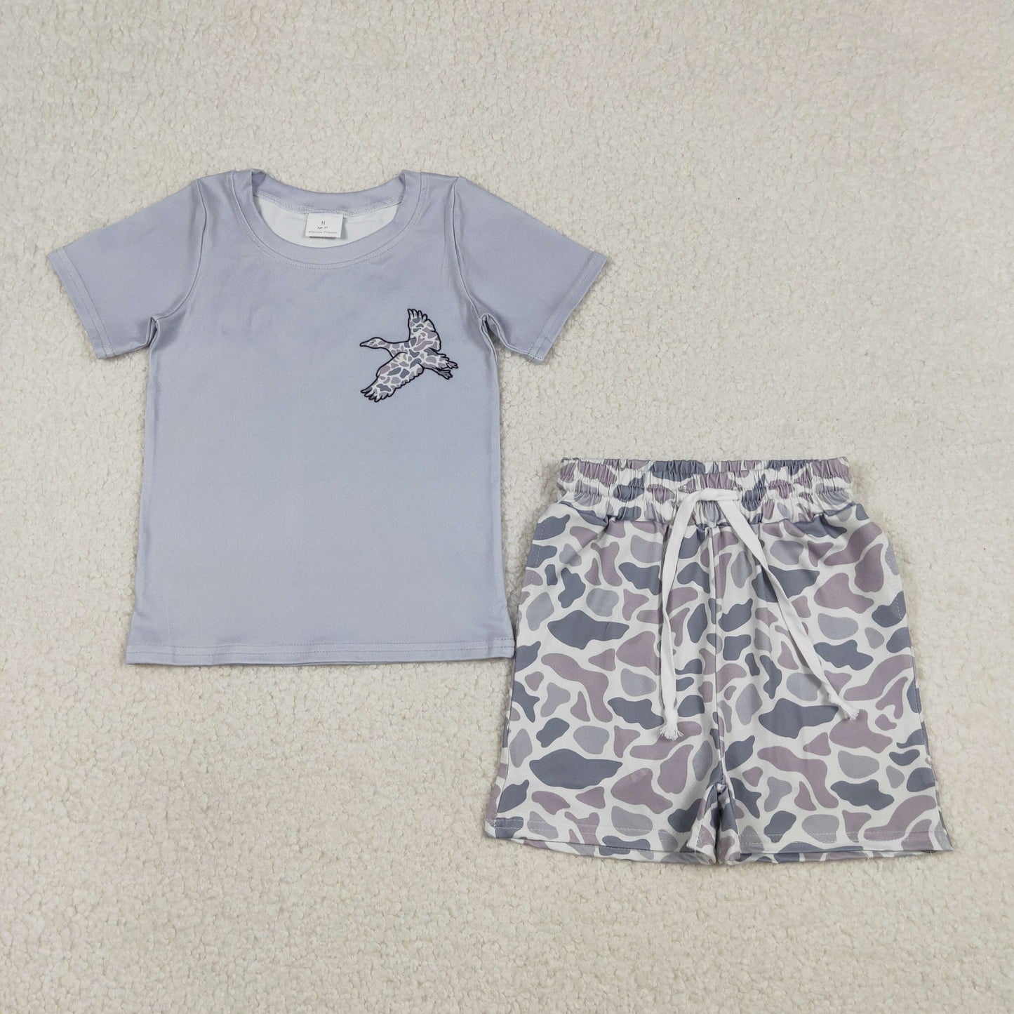 Baby Boys Light Grey Camo Ducks Top Pockets Shorts Hunting Clothes Sets