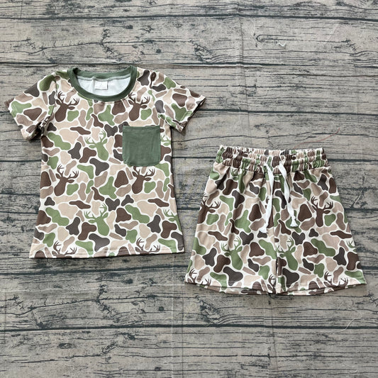 Baby Boys Southern Green Deer Camo Pocket Top Shorts Hunting Clothes Sets