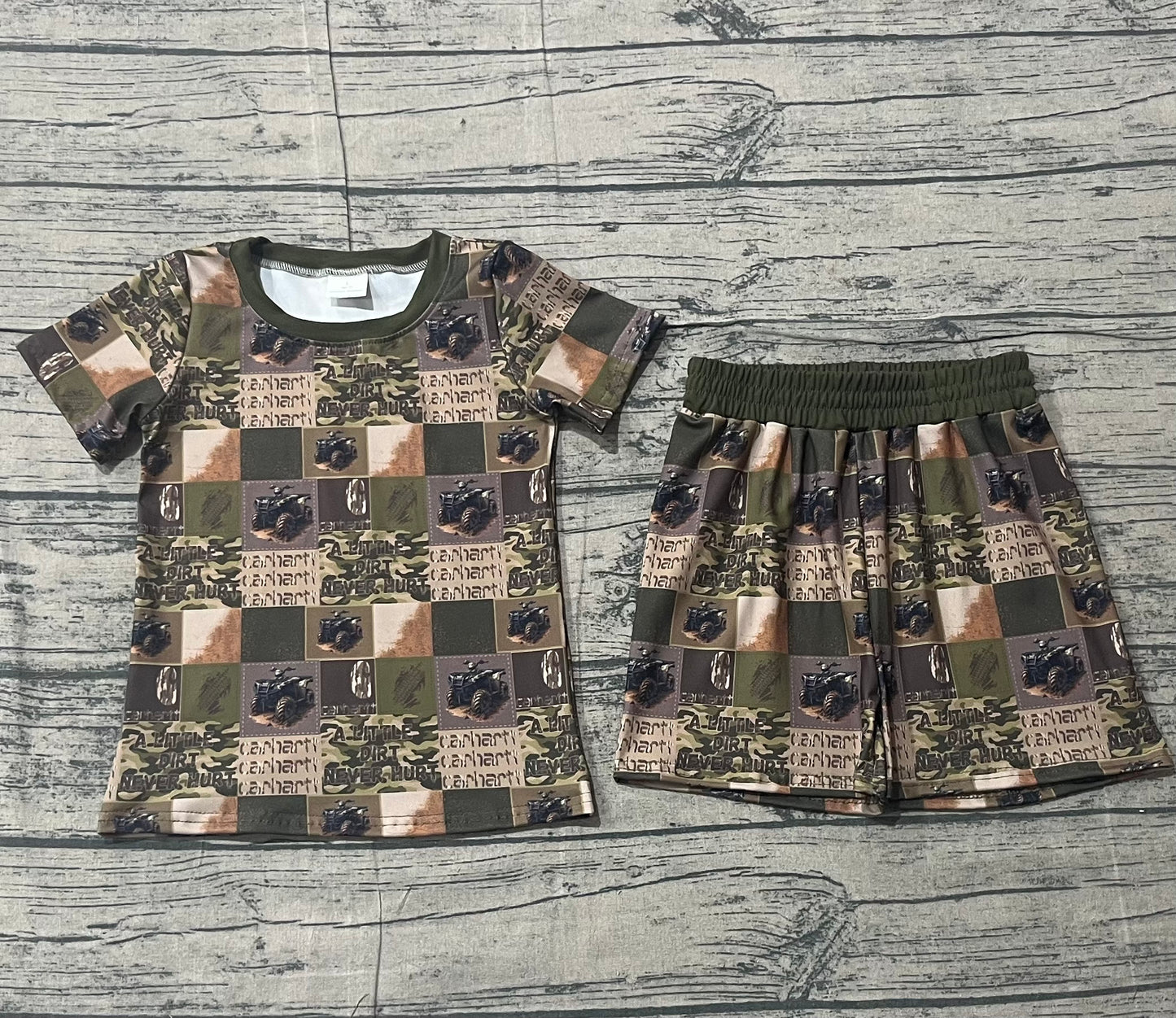 Baby Boys Southern Olive Camo Checked Top Shorts Hunting Pajamas Sets