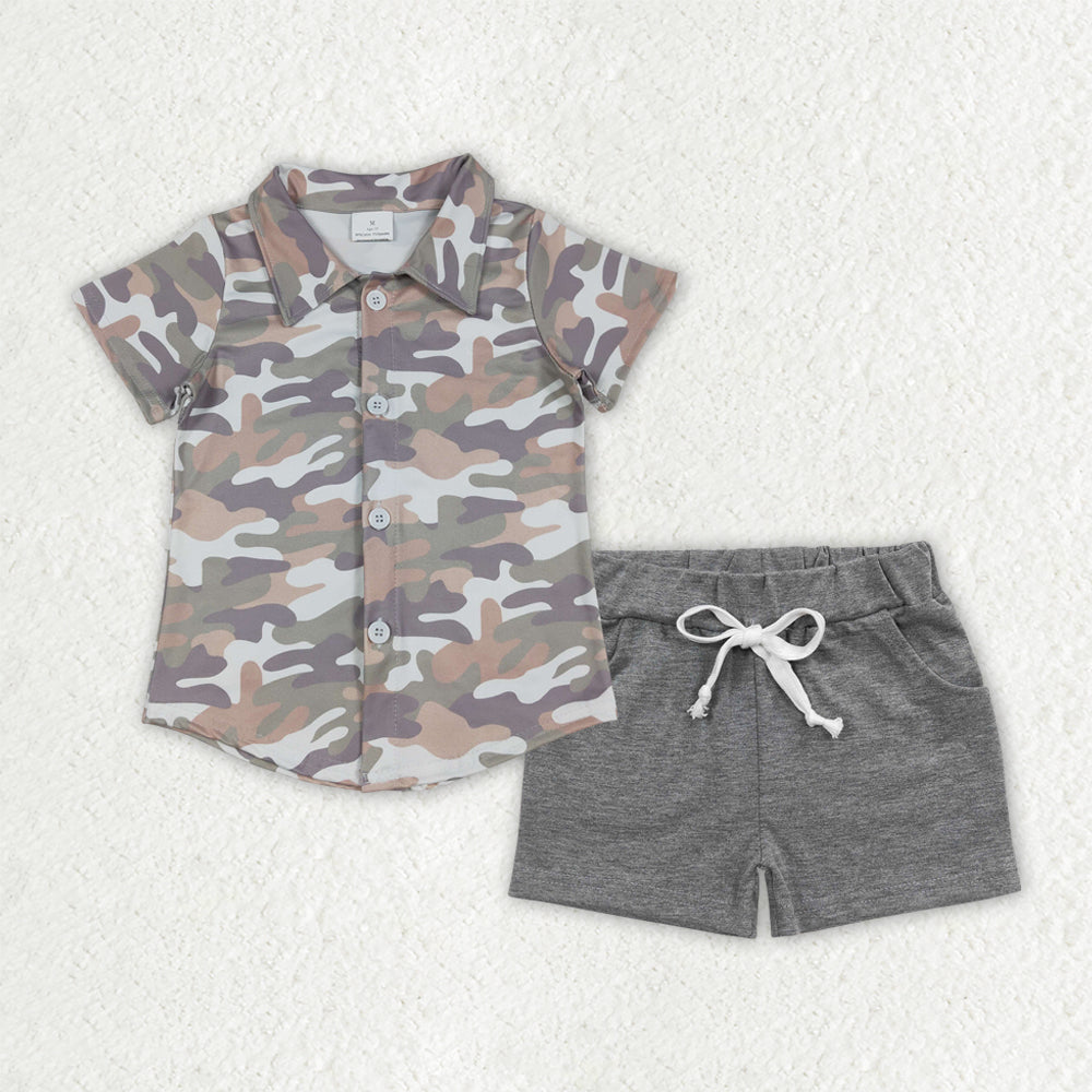 Baby Boys Southern Grey Camo Button Shirt Top Pockets Shorts Hunting Clothes Sets