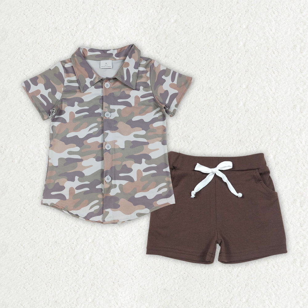 Baby Boys Southern Grey Camo Button Shirt Top Pockets Shorts Hunting Clothes Sets