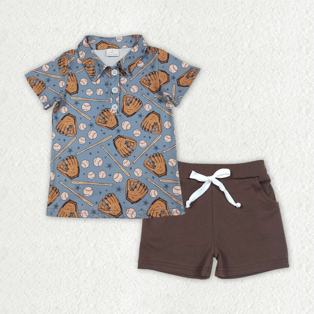 Baby Boys Baseballs Button Polo Shirts Brown Pockets Shorts Team Clothes Sets