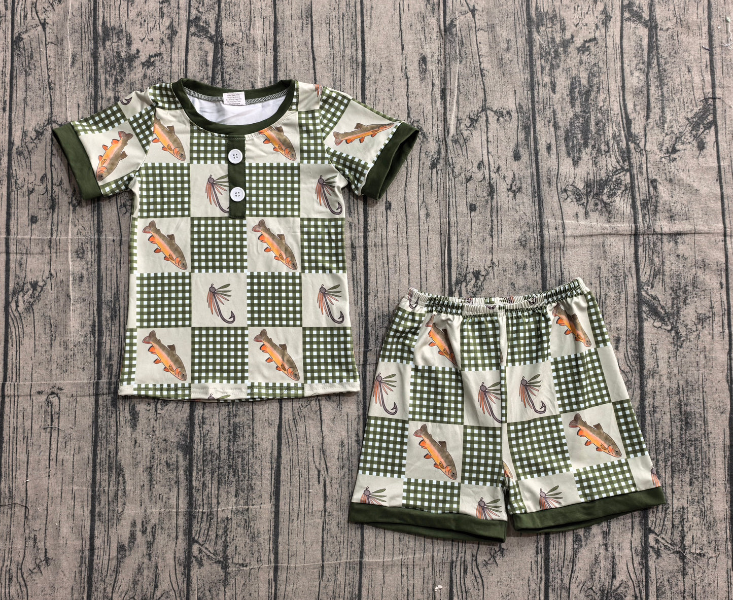 Baby Boys Olive Checked Fishing Button Top Shorts Hunting Pajamas Sets