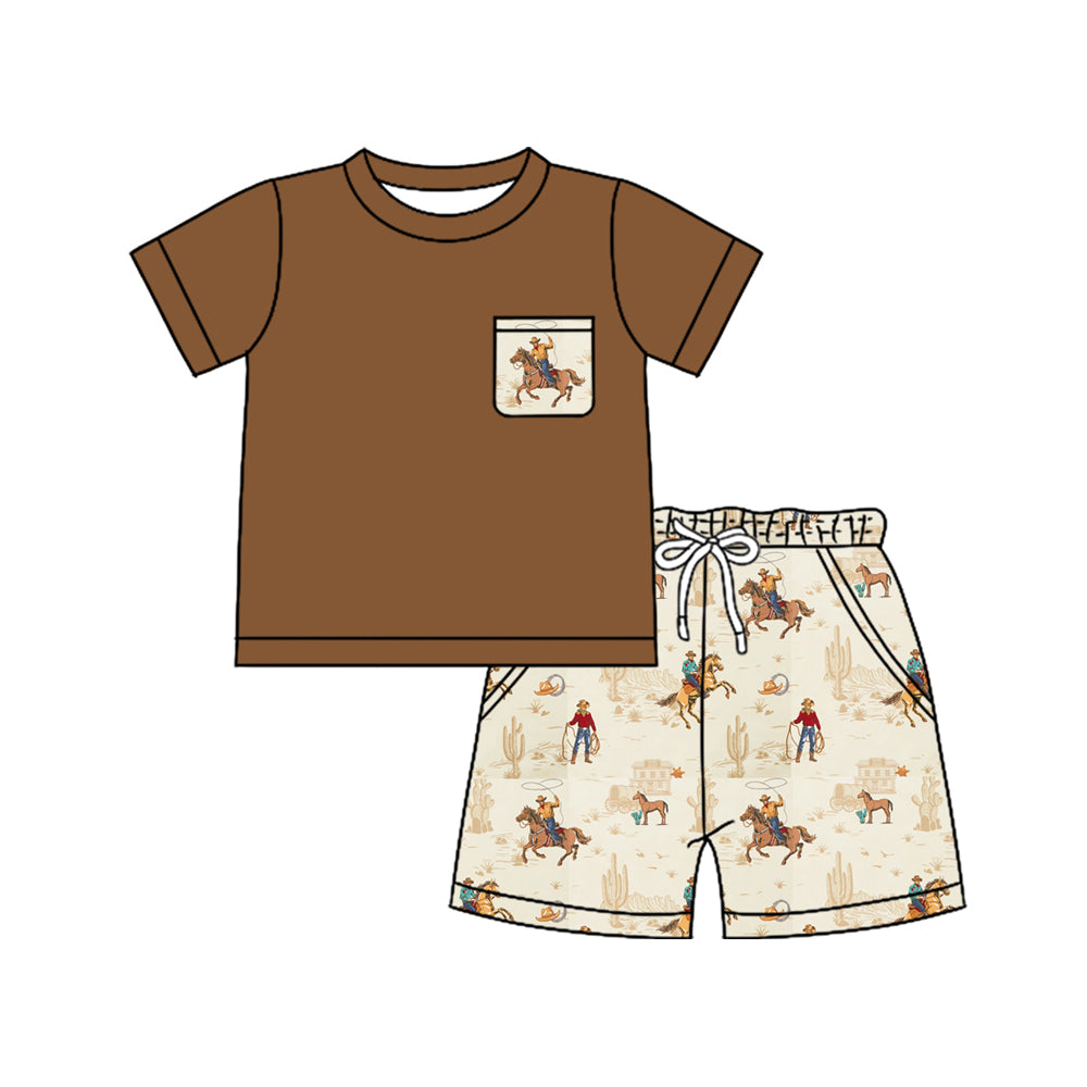 Baby Boys Pocket Shirts Cactus Horse Rodeos Pockets Short Western Clothes Sets Preorder